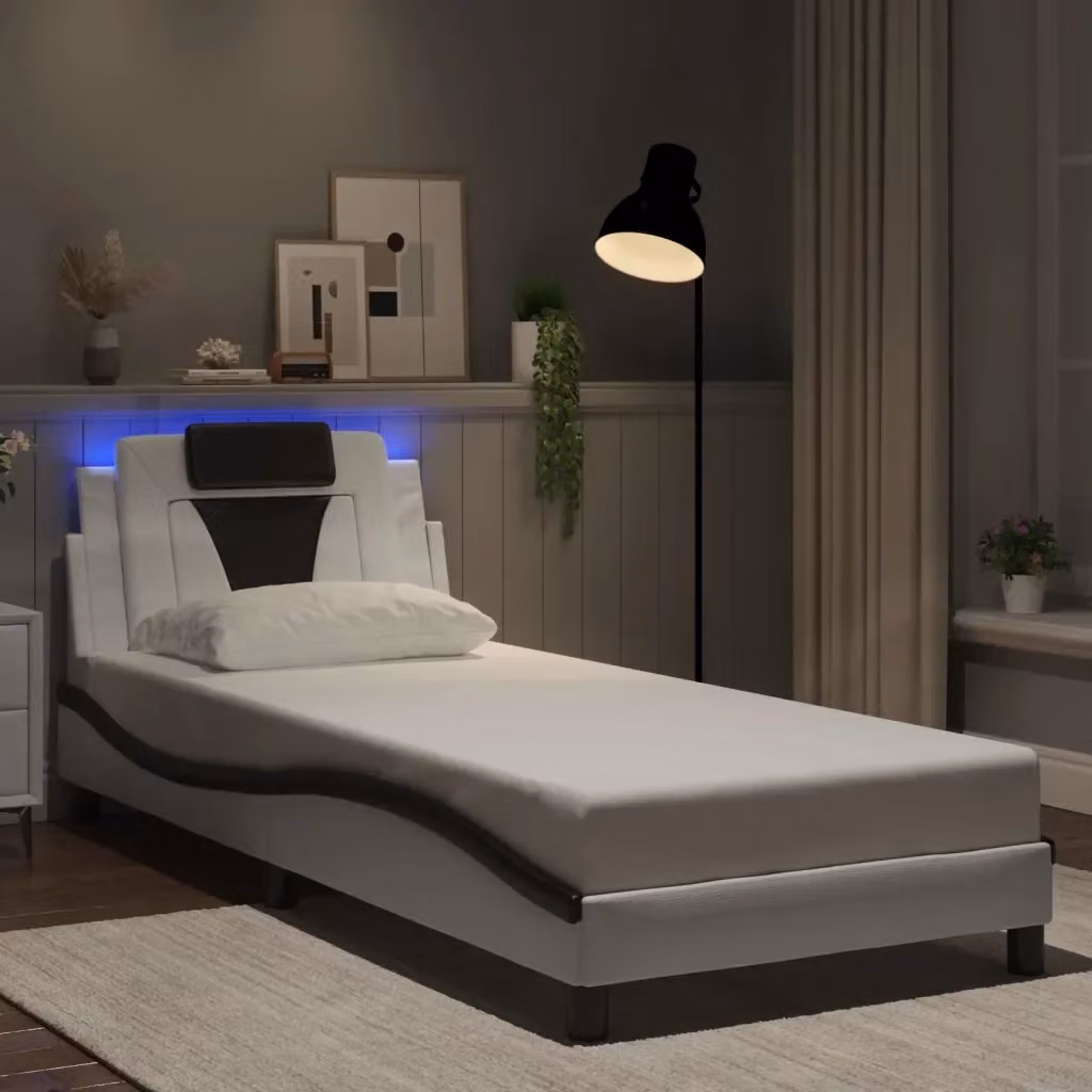 Letto singolo Viana moderno con illuminazione LED sottostante e porta USB, in ecopelle bianco e nero, L/P/H: 90 x 200 cm – 2