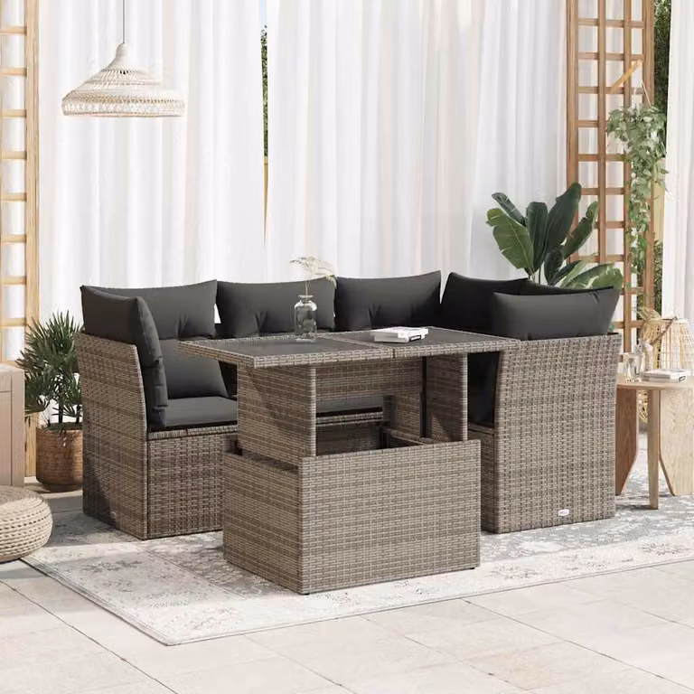 Set Divano da Giardino a L vidaXL in Polyrattan Grigio con Cuscini e Tavolino da Caffè