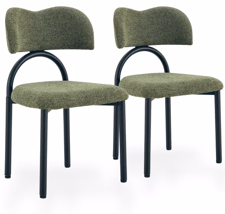 Set di 2 sedie da pranzo imbottite, con schienale curvo e gambe in metallo, colore verde