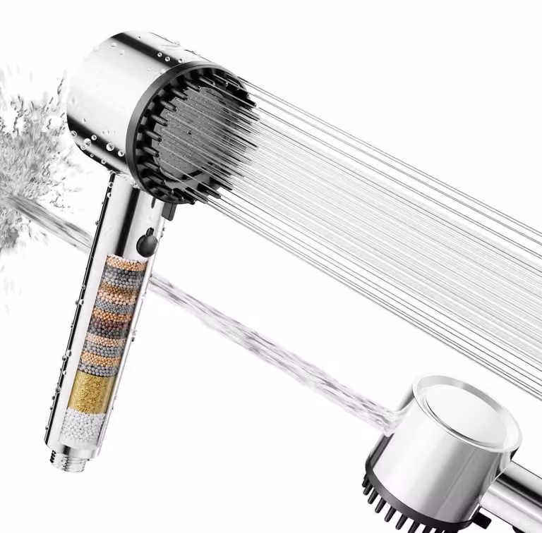Doccia con filtro, soffione a mano ad alta pressione, filtrazione a 20 strati, 5 tipi di getto, risparmio idrico, cromato