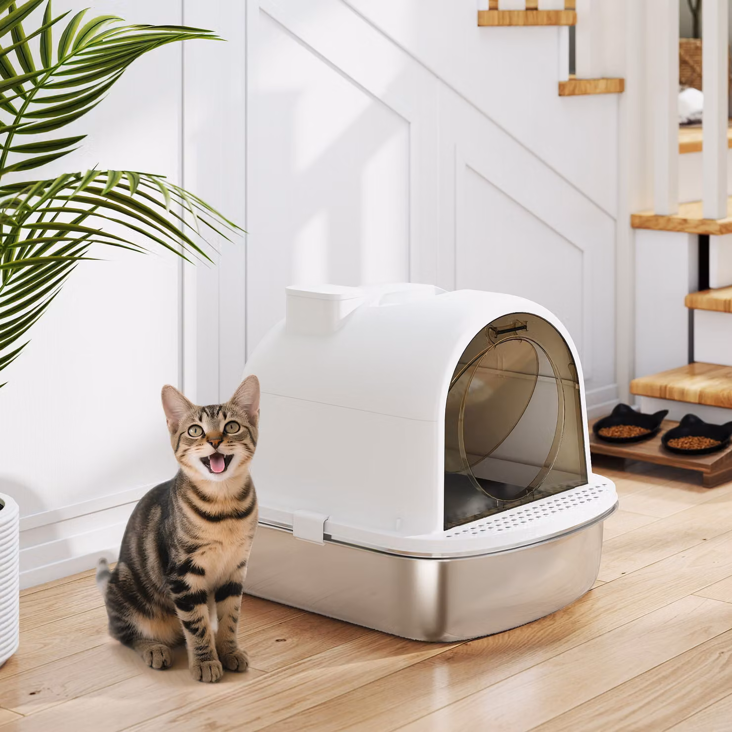 Lettiera chiusa per gatto PawHut in acciaio inox con maniglia, paletta e deodorante, modello antiperdita, colore bianco – 2
