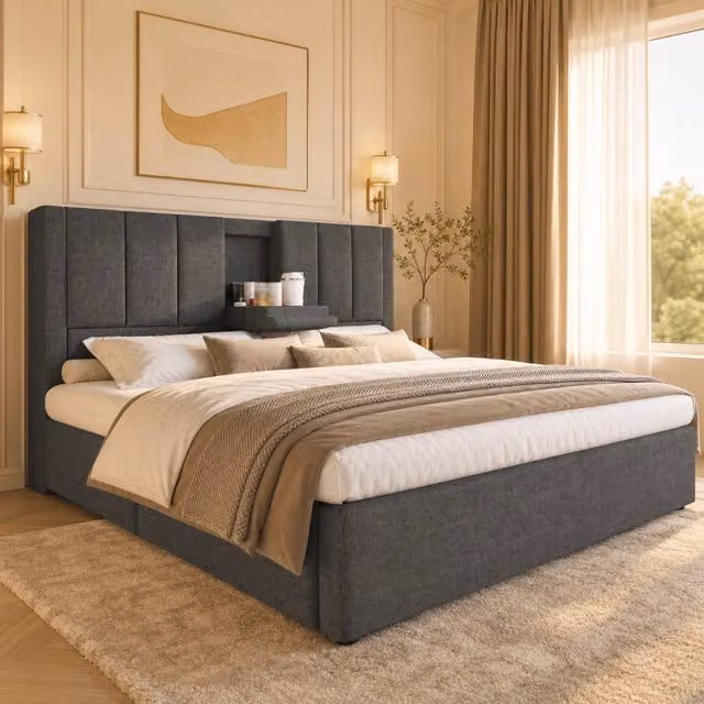 Letto matrimoniale MODFU imbottito in lino grigio con contenitore, porta bicchieri e ricarica USB, L/P: 180 x 200 cm, H: 115 cm