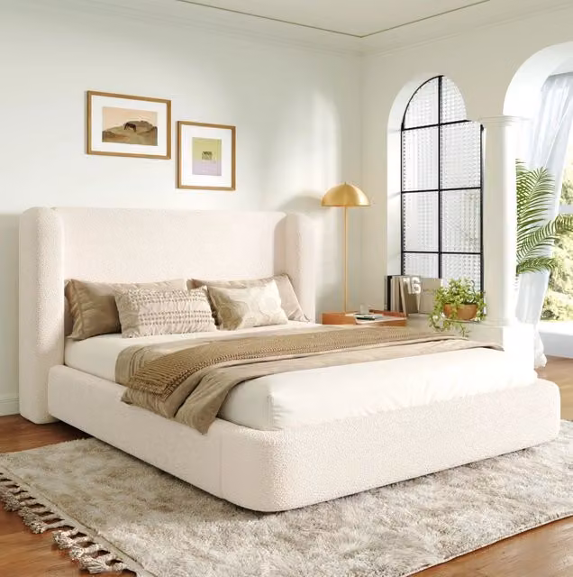 Letto matrimoniale 180x200 cm; contenitore sollevabile; Bouclé; beige; (Senza materasso)