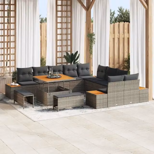Set Divano da Giardino Moderno vidaXL a Forma a U con 12 Posti, Grigio, con Cuscini e Tavolino da Esterno