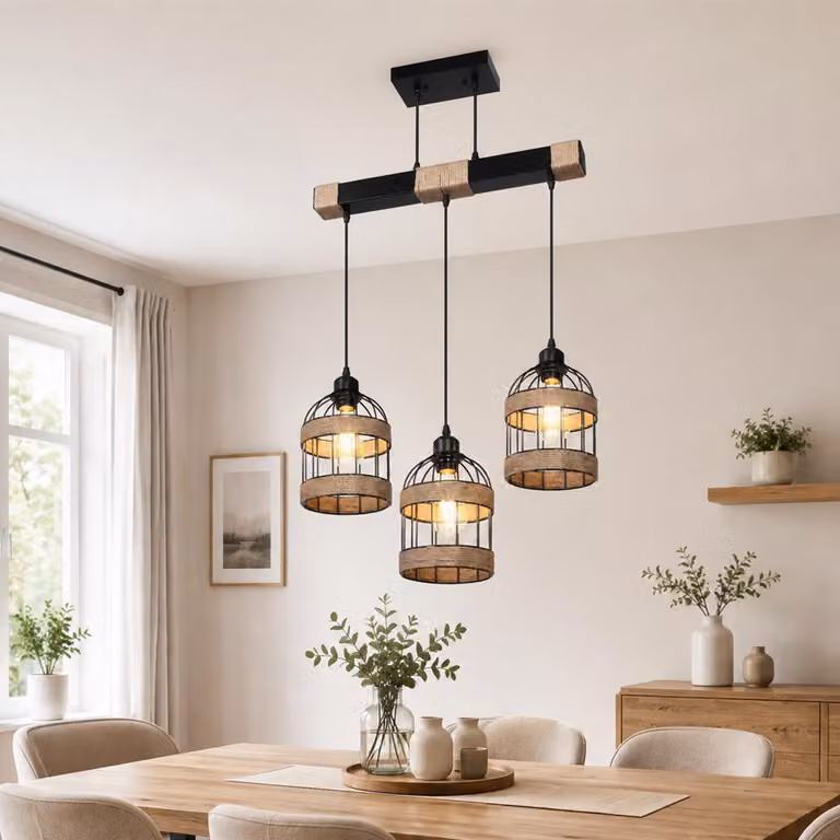 Lampada a sospensione, tavolo da pranzo, 3 luci, rattan. Lampada per tavolo da pranzo, altezza regolabile, con lampadine LED E27. Lampada a sospensione in stile industriale, ideale per cucina, sala da pranzo e bar