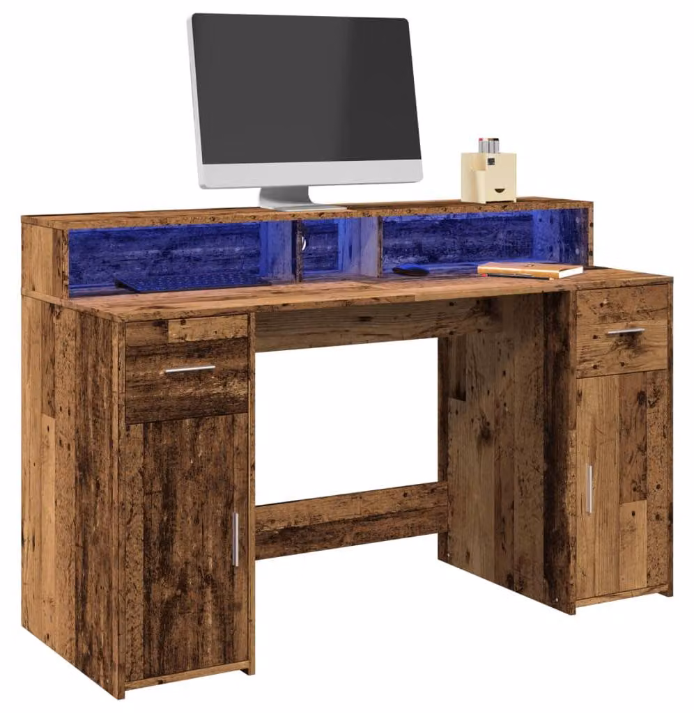 Scrivania - Tavolo da lavoro - Postazione di lavoro - Tavolo per laptop - Legno massello - Illuminazione LED RGB - Ampio spazio di stoccaggio