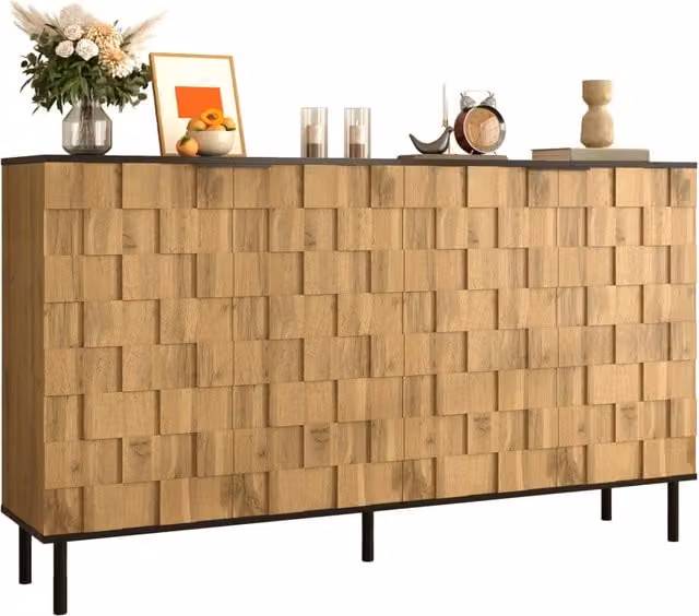 Sideboard Mosaik a 2 ante, effetto legno, in truciolato con piedi in metallo, per soggiorno e ingresso