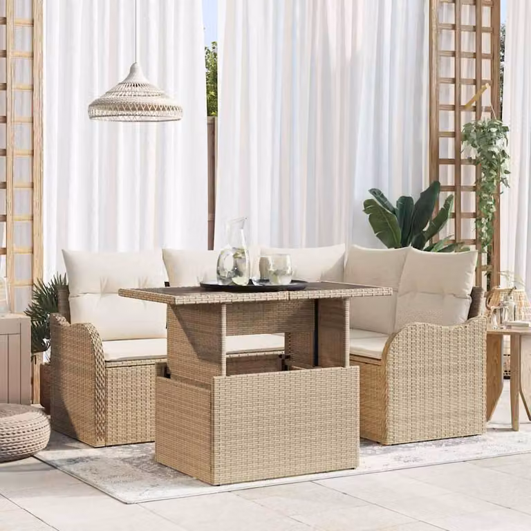 Maison Exclusive - Set da pranzo per esterni con cuscino 5 pcs Beige Poly Rattan