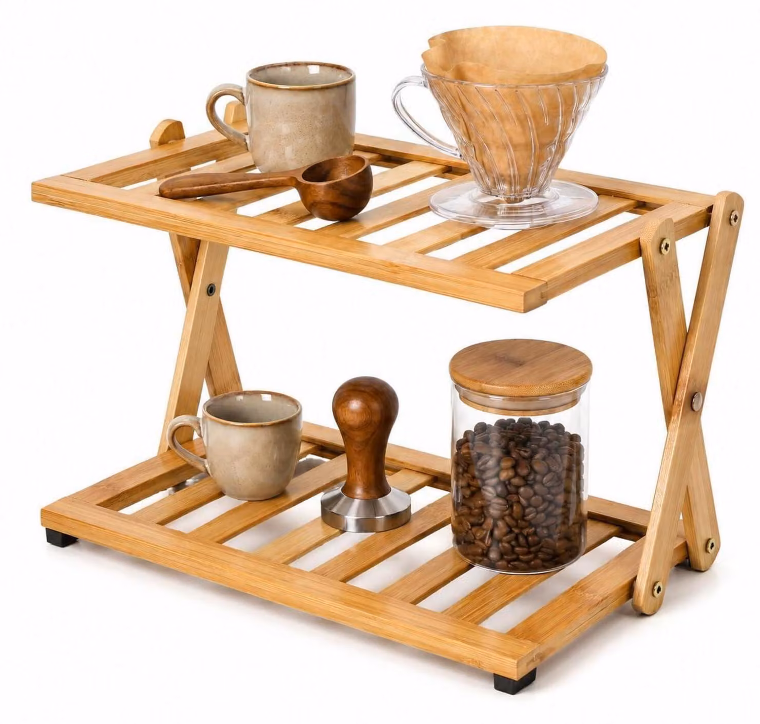 Ripiano per cucina in bambù, a 2 livelli, con piano di lavoro, ideale per angolo caffè, per riporre tazze e spezie. Dimensioni: 30x18x19 cm