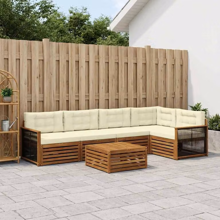 Set di divani da esterno vidaXL a forma di L composto da 6 pezzi in legno di acacia con cuscini, colore marrone, beige e bianco