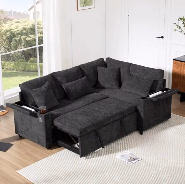 Divano letto angolare a destra con contenitore e USB 206;5x141x86 cm in ciniglia grigio scuro