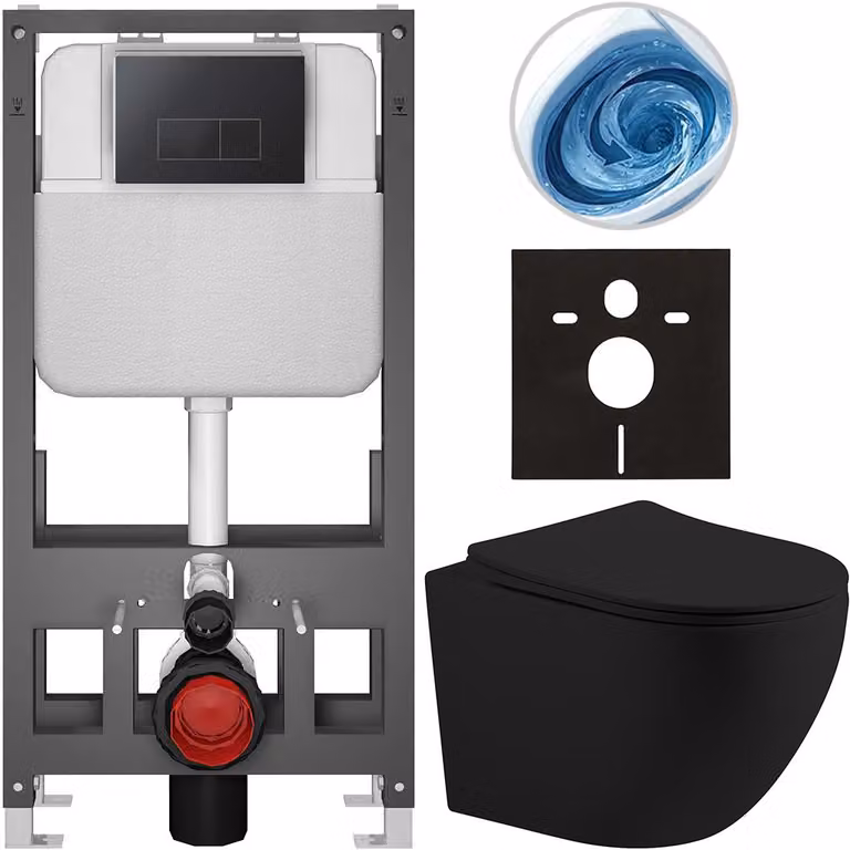 CERANO - Set WC da incasso Cesso - nero opaco - pulsante Prime/Modulo, nero - a pavimento - installazione pre-parete/cartongesso - 49x36 cm