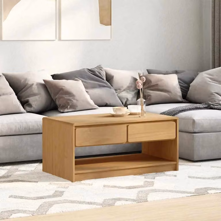 vidaXL Tavolino da salotto SAUDA in legno massello di pino color marrone, L: 99 cm, P: 55 cm, H: 45 cm