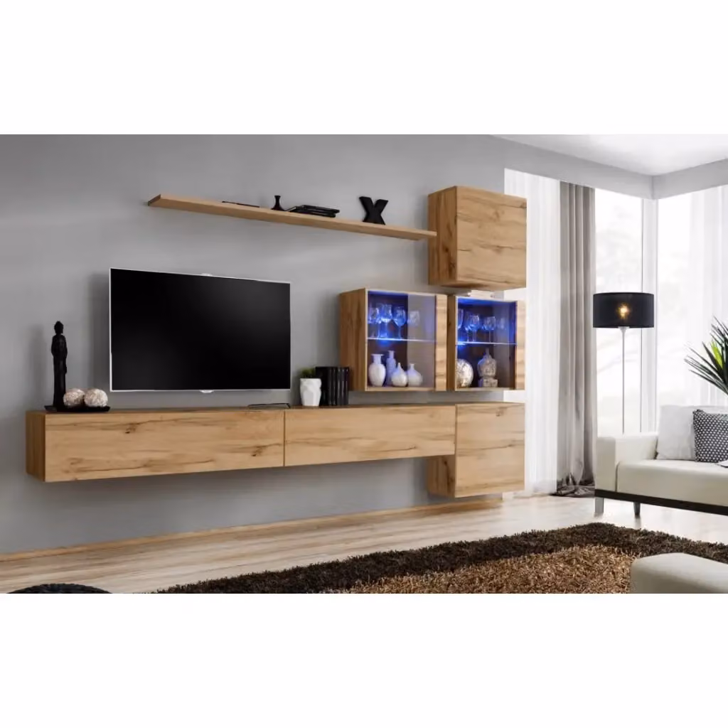 Composizione murale SWITCH XIX Meublorama in Rovere Wotan con mobile TV, cubi vetrati LED e mensola, design moderno per il tuo soggiorno – 2
