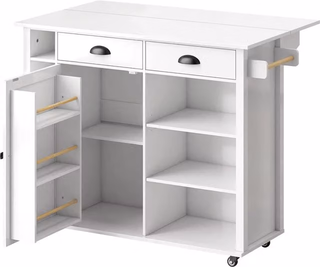Isola cucina su ruote HOMCOM con piano ribaltabile e portaspezie, Bianco, L: 117,5 cm, P: 70 cm, H: 91 cm