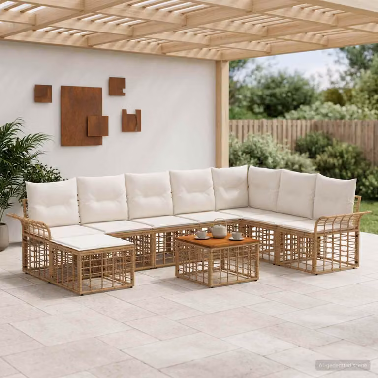 vidaXL Set di divani da esterno 9 pezzi per 8 persone in stile rustico con struttura in acciaio e cuscini inclusi, colori beige, marrone e bianco
