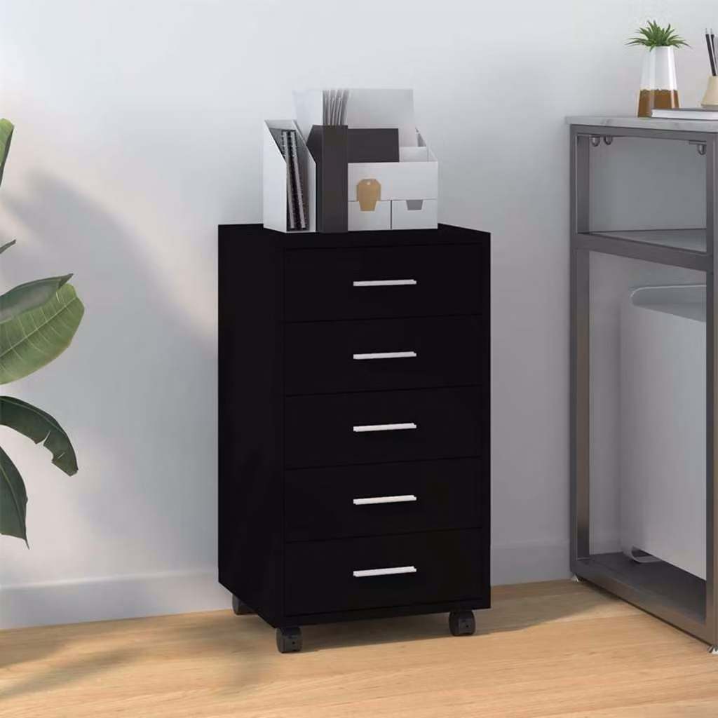 Cassettiera con ruote vidaXL in legno multistrato e metallo, colore nero opaco, design moderno per casa o ufficio