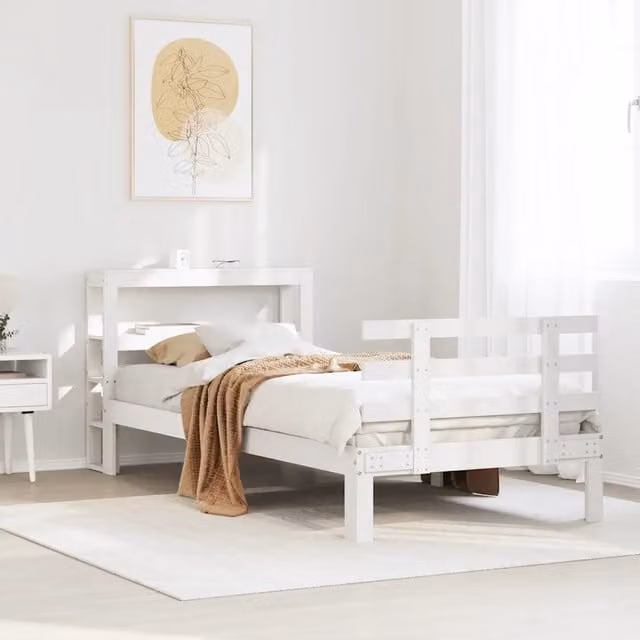 Letto singolo VIDAXL in legno massello di pino bianco con testiera e scomparti laterali