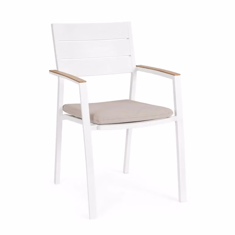 Set 4 sedie da giardino ZELMAR con cuscino tortora, braccioli effetto legno e struttura in alluminio bianco