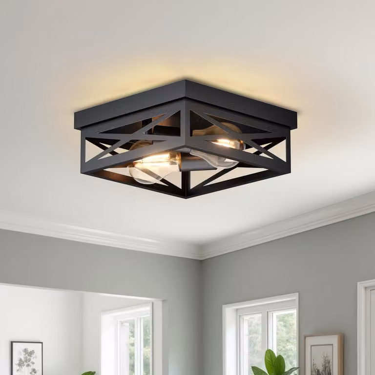 LVWIT Lampada da soffitto industriale, nera, per cucina, con 2 luci, attacco E27, stile retrò, ideale per scale, forma quadrata, lampada per corridoio, faretti da soffitto rotondi, neri, per cucina, camera da letto, sala da pranzo (senza lampadine)