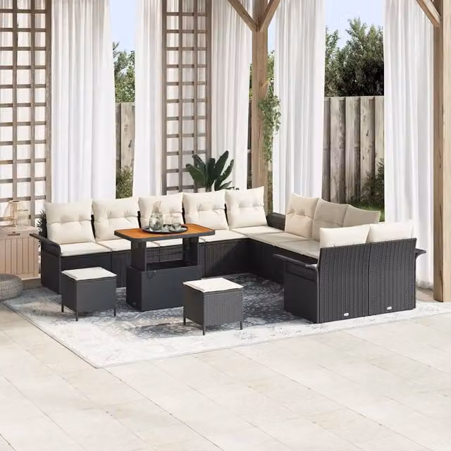 Set Divano da Giardino a Forma di U vidaXL con 13 Pezzi, Colore Nero e Beige, Struttura in Acciaio e Legno di Acacia con Cuscini Inclusi