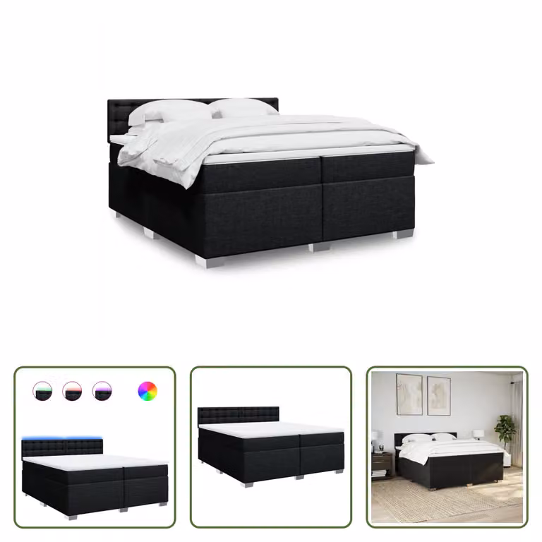 The Living Store Letto a molle con materasso nero 200x200 cm in tessuto