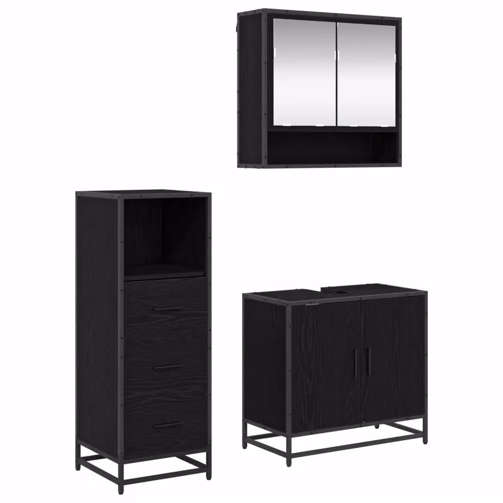 Set di mobili per il bagno moderno vidaXL 3 pezzi Nero e Rovere L/P/H: 65 x 33 x 60 cm – 2