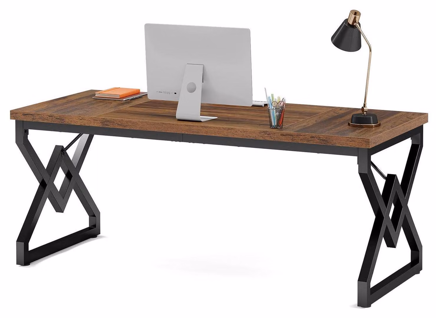 Scrivania da 160 cm con piano in legno extra spesso e struttura in metallo, colore marrone rustico