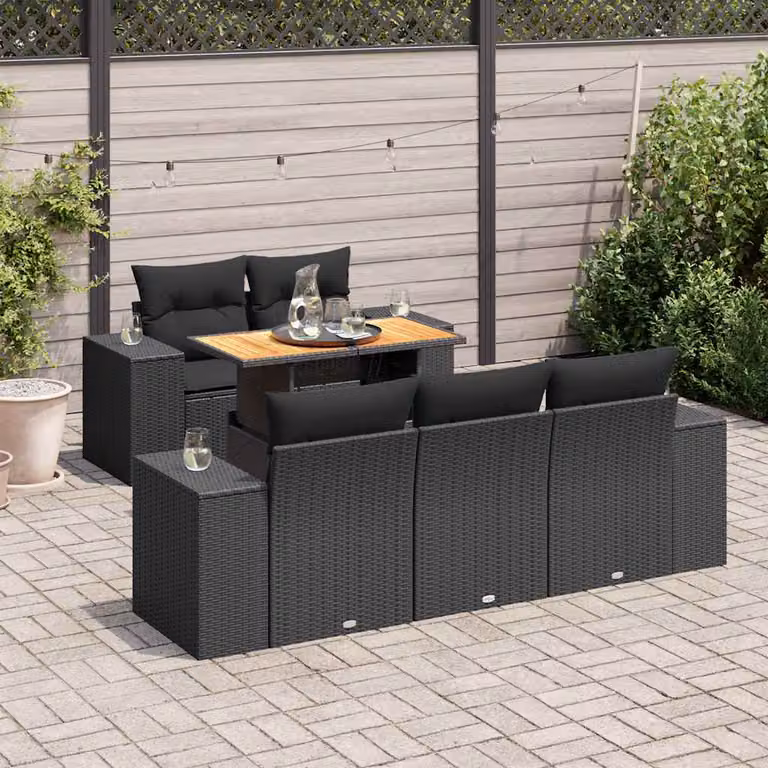 Set Divano da Giardino vidaXL 6 pz in Polyrattan e Legno di Acacia Oliato Nero con Cuscini