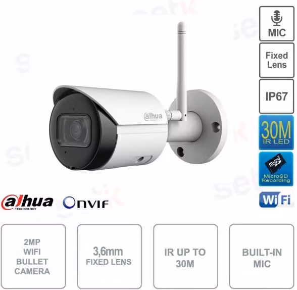 Telecamera IP Dahua Bullet WiFi 2MP con lente 3,6mm, IR 30m e certificazione IP67, colore bianco - IPC-HFW1230DS-SAW