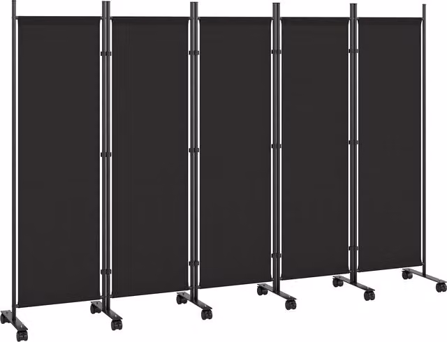 Divisorio decorativo da interno Outsunny a 5 pannelli in acciaio con 12 ruote e clip di connessione, Nero