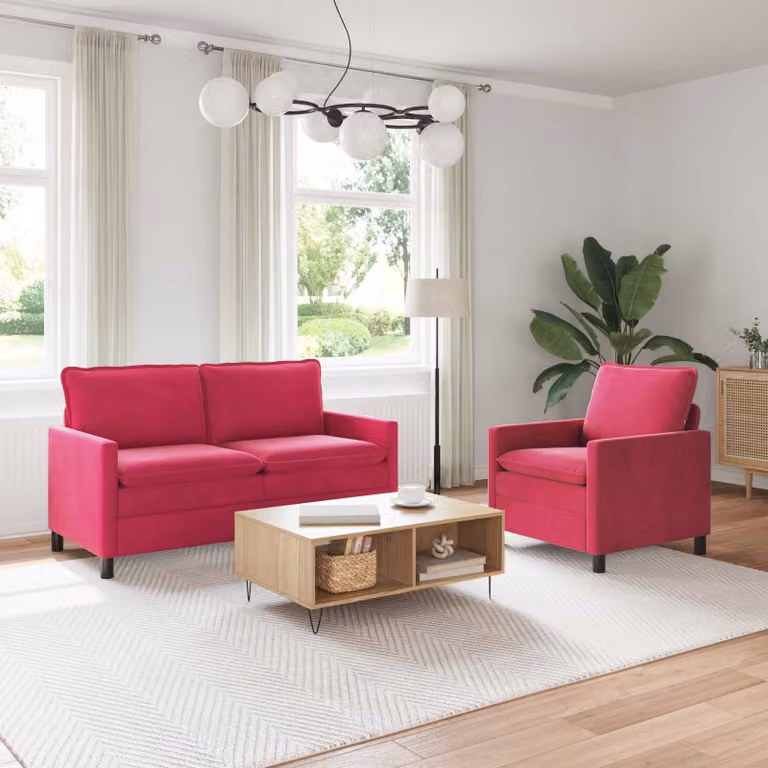 Set di 2 divani moderni vidaXL in velluto rosso con cuscini e coperture rimovibili