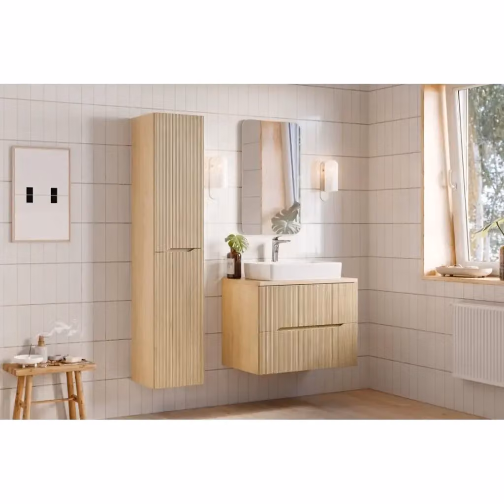 Set da bagno sospeso Meublorama NATURA color beige e marrone in legno, composto da mobile sottolavabo, piano per lavabo e colonna, L/P/H: 115 x 46 x 63 cm – 2