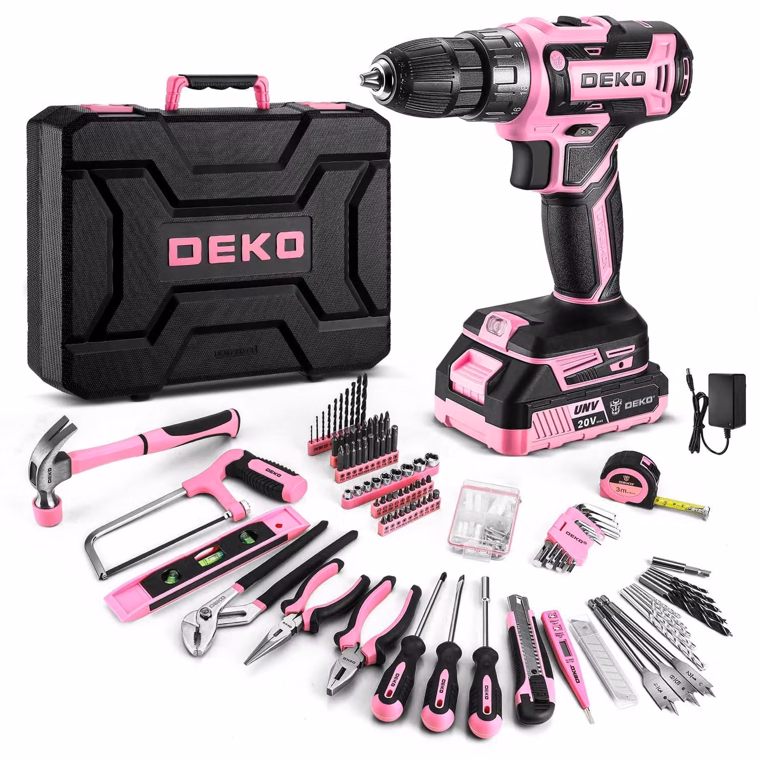 Set di utensili con avvitatore a batteria - 186 pezzi - 20 V - Rosa - Per uso domestico