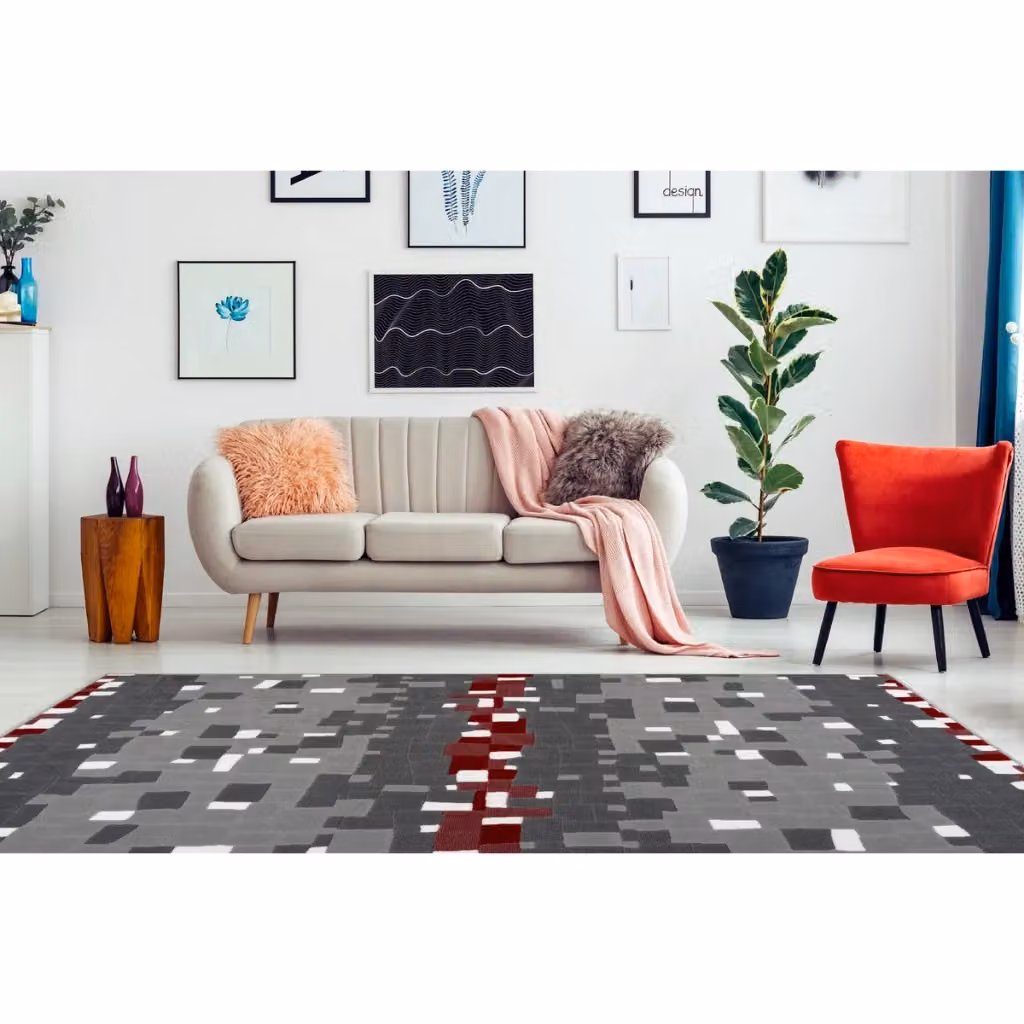 Tappeto moderno astratto KENDRA HOME in polipropilene rosso, grigio e bianco per soggiorno – 2