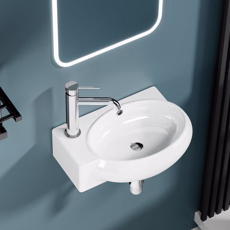 Lavabo ovale, 43x39x15 cm, bianco, da montare a parete, con uscita a sinistra