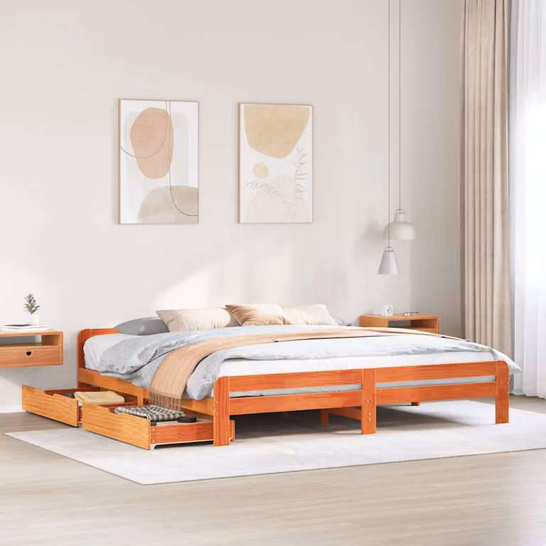 Letto in legno di pino rustico vidaXL con cassetti, Marrone Cera, L/P/H: 200 x 203,5 x 53 cm