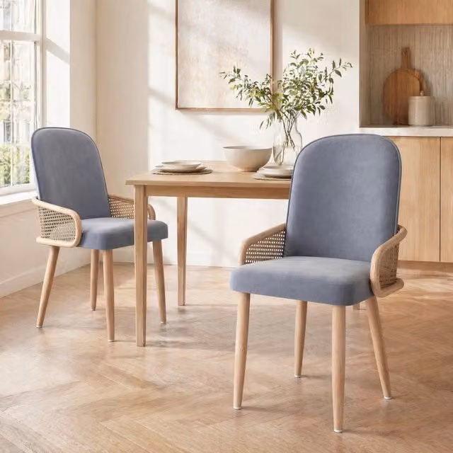 Set di 2 sedie da pranzo in velluto grigio con design effetto rattan e gambe in metallo