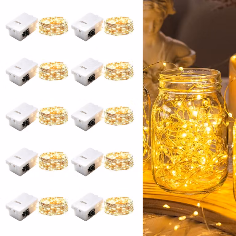 Set di 10 mini luci a LED, lunghezza 2 metri, 20 LED bianco caldo, alimentate a batteria