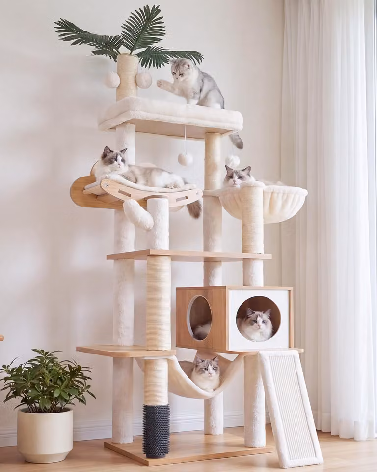Albero per gatti in legno, ideale per appartamenti, con cesta e amaca