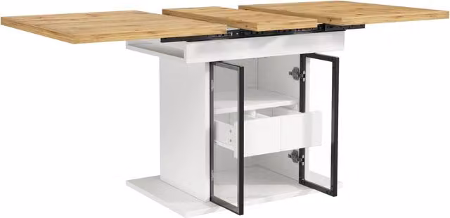 Tavolo da pranzo allungabile con LED RGB, spazio contenitivo e ante scorrevoli in vetro, 110-140 cm, bianco/nero