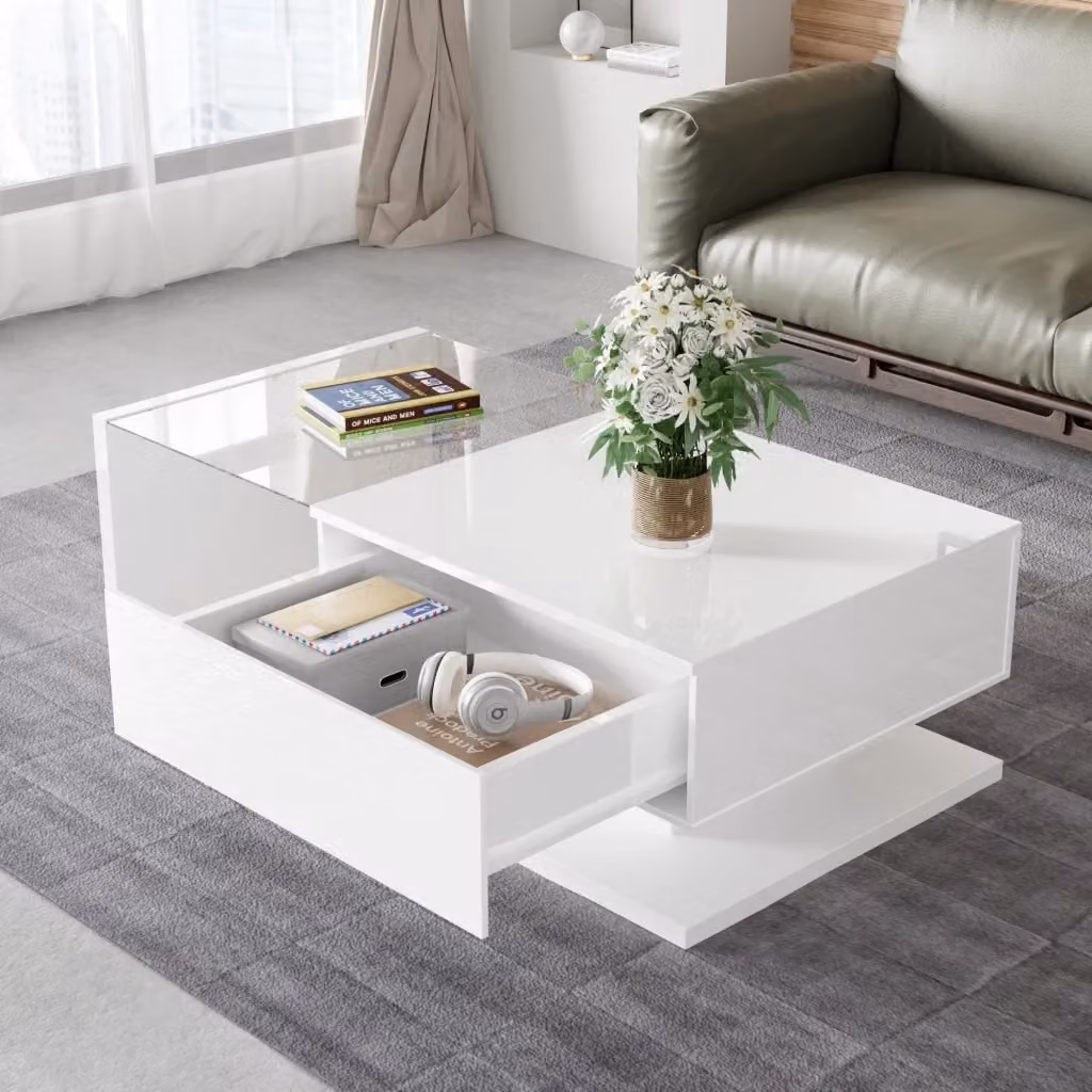 Tavolino basso OKWISH bianco con piano in vetro temperato, LED regolabili a 16 colori e vano contenitore, L: 105 cm, P: 55 cm, H: 32,5 cm – 2