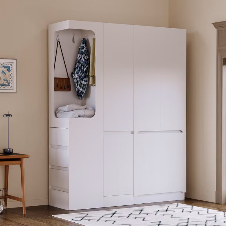 okwish Armadio con anta girevole con contenitore aperto, Armadio ad angolo con contenitore e lato sinistro, bianco