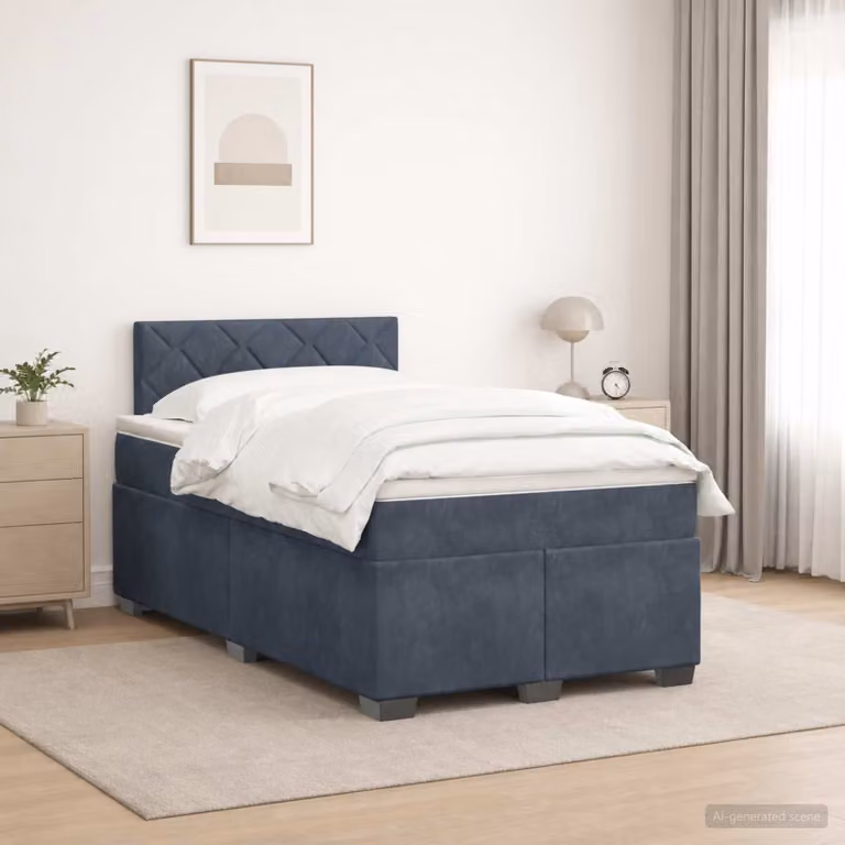 Letto con Box Spring vidaXL in tessuto blu con materasso a molle insacchettate, illuminazione LED sottostante e porta USB, L/P/H: 120 x 200 cm