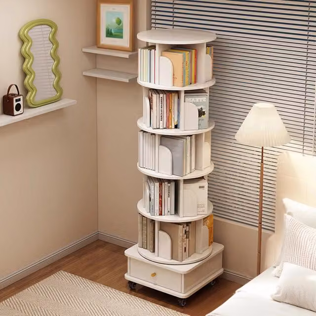 Libreria girevole 360° WISHDOR con ruote e cassetto, salvaspazio, bianca in MDF – 1