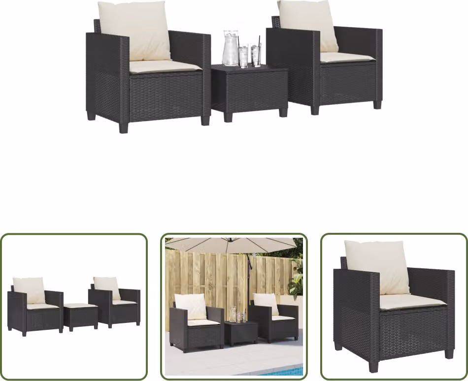 The Living Store Set bistrot 3 pezzi con cuscini in poly rattan nero