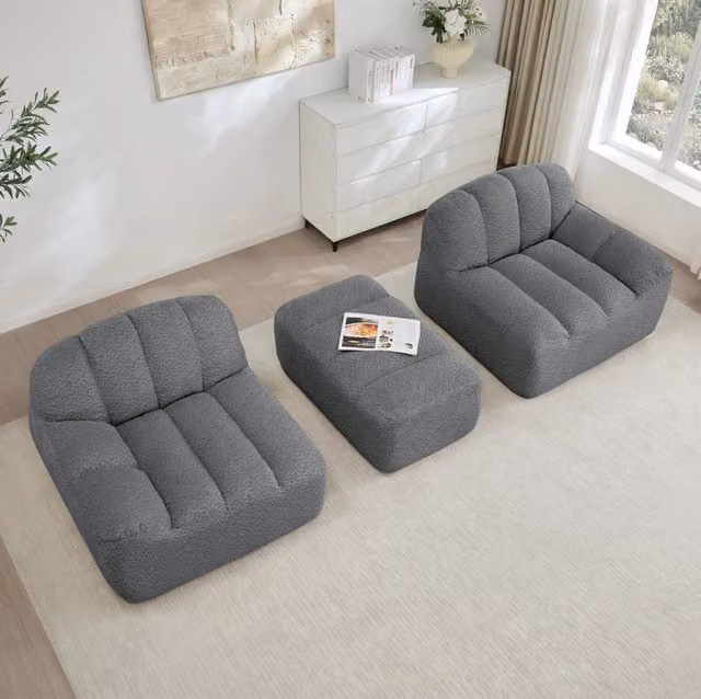 Divano angolare modulare senza struttura con ottoman; tessuto fleece granulato; grigio