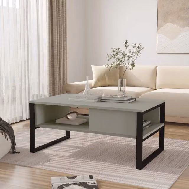 Tavolino da salotto Laukaa en.casa con scomparti, colore verde grigiastro e nero, L: 100 cm, P: 45 cm, H: 60 cm