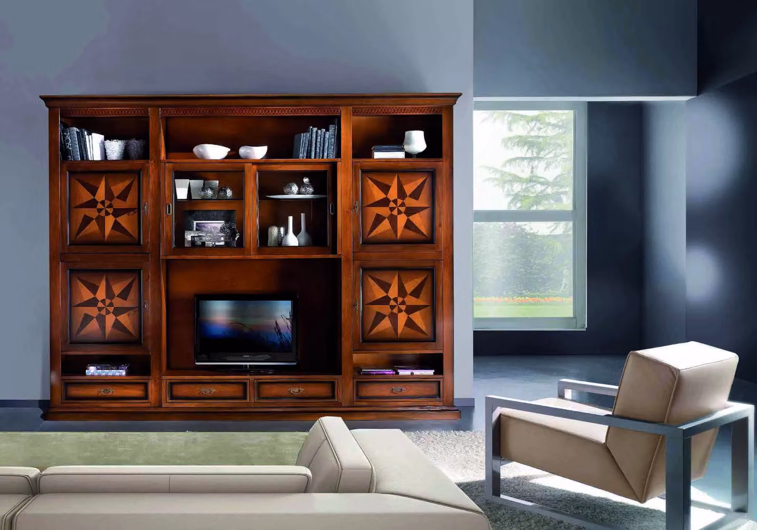 Parete attrezzata porta tv Mobili 2G in legno e vetro color noce L: 306 cm, P: 43 cm, H: 236 cm – 2