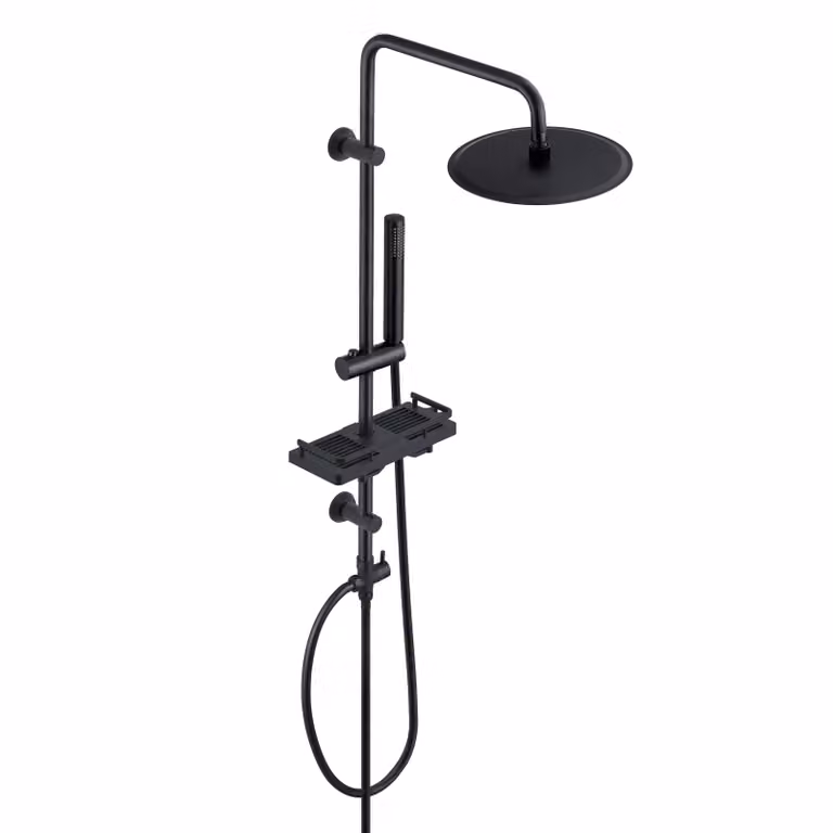 JOHO Colonna Doccia Acciaio Inox Senza Miscelatore Regolabili Nero idromassaggio Asta Doccia Saliscendi soffione a Pioggia Porta Ogetti Mensola D20cm